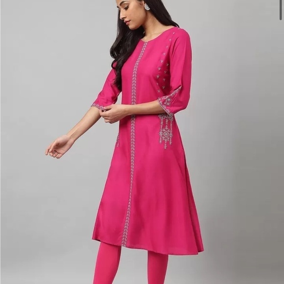 W by Myntra Hot Pink Embroidered Beaded A-Line Kurta Midi Dress M 10 - Picture 2 of 9